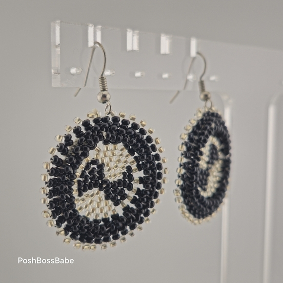 Handmade Black & Silver Beaded Earrings – 1.25" Diameter - Picture 3 of 15